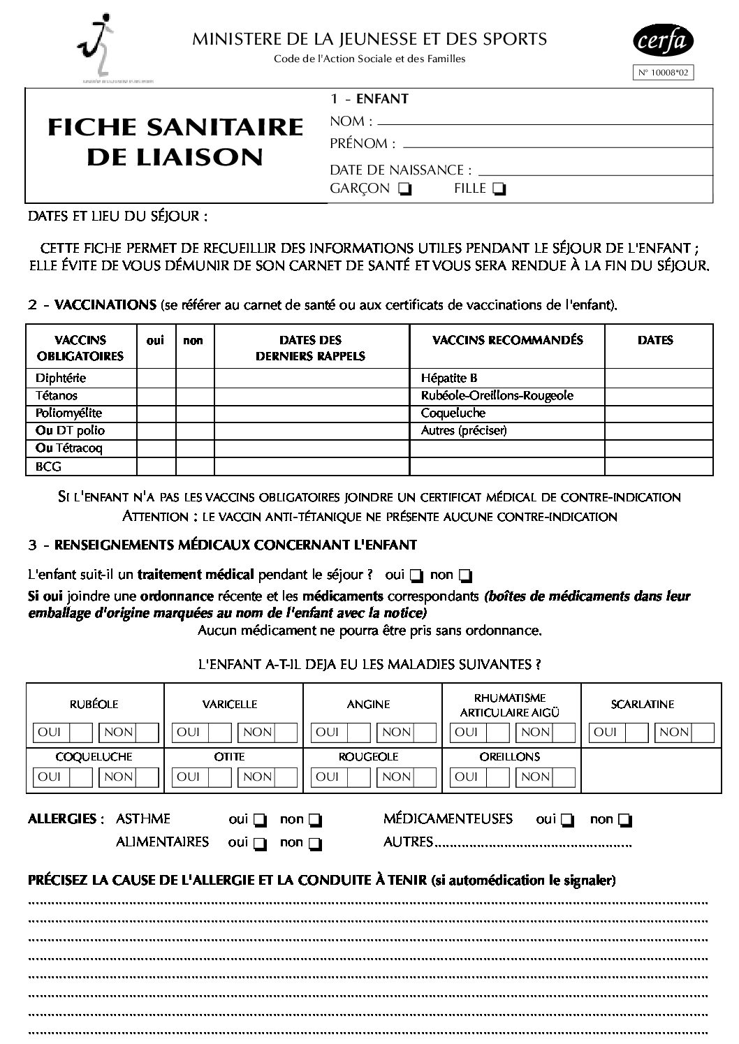 Fiche de liaison sanitaire