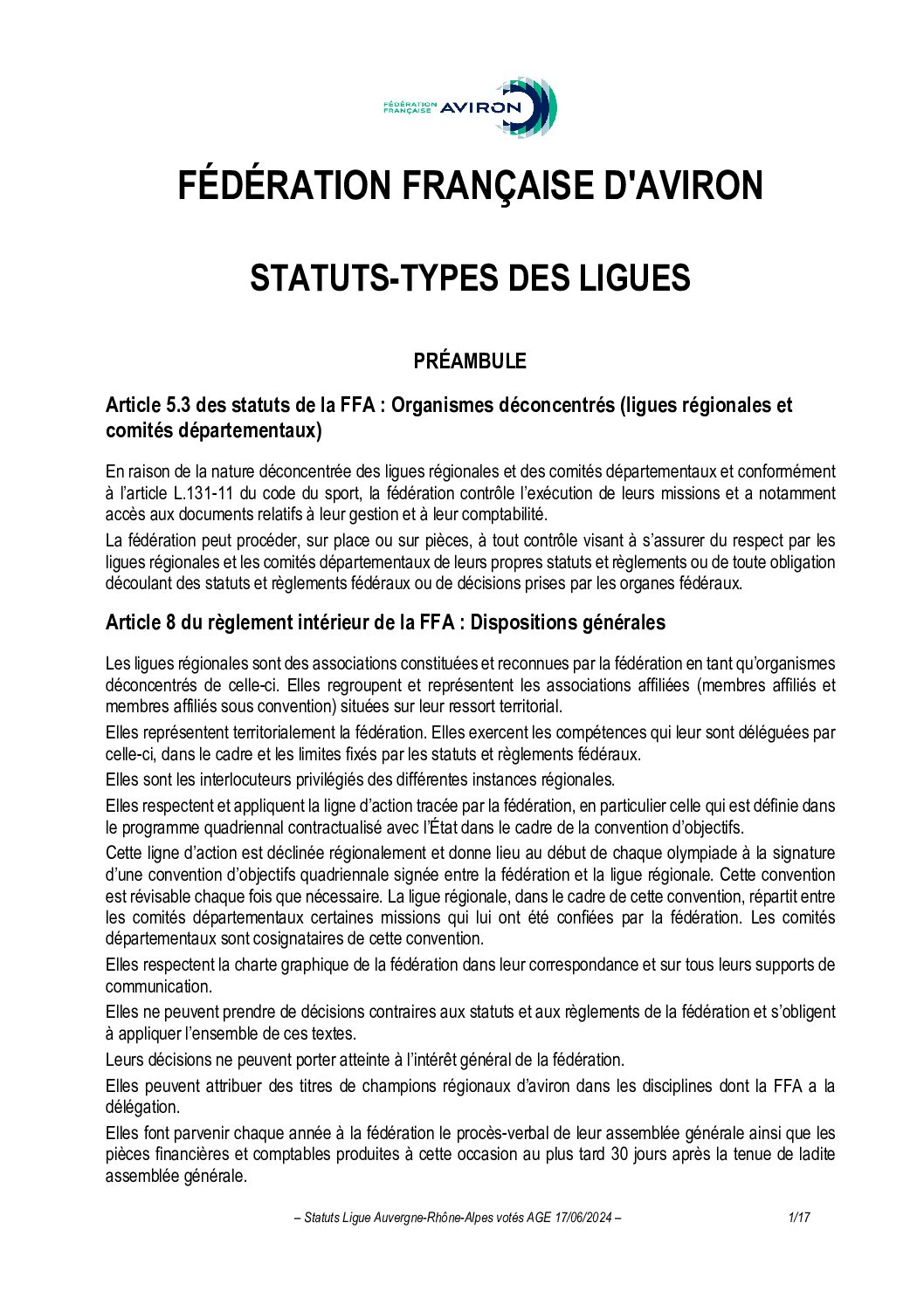 Statuts Ligue AURA 2024